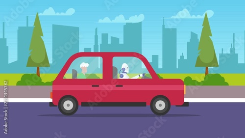 Autonomous AI robot driving red car with senior passenger in city cartoon animation