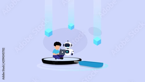 Man and robot working on laptop on magnifying glass data search cartoon animation