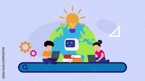 Global AI online education concept with students and robot near globe cartoon animation