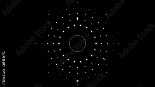 Rotating Halftone Circular Dot Field with Glowing White Particles on Black Background for Futuristic Digital Technology