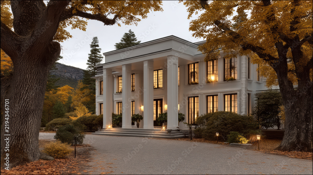 Obraz premium Elegant mansion, white facade, grand columns, autumn trees, evening light, luxury residence, serene atmosphere