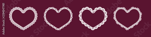 Vector set of romantic lace heart frames with delicate floral ornament and vintage coquette details. Elegant wedding design for cards, invitations and love stationery.
