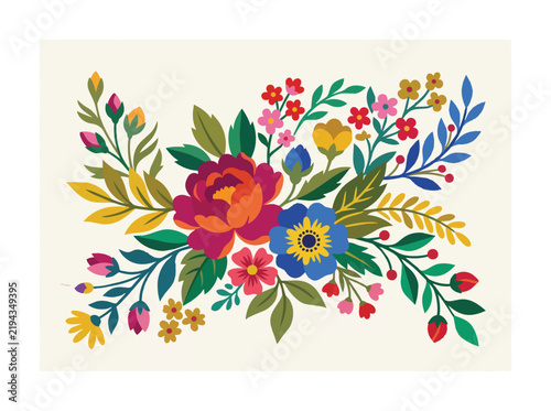 Colorful Folk Floral Embroidery Pattern with Vibrant Flowers and Leaves Vector Illustration.
