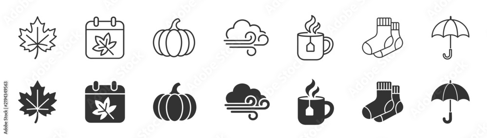 Fototapeta premium Autumn season outline icon set, leaf, pumpkin, weather and seasonal symbols on transparent background