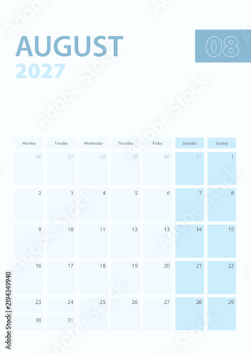 Vertical calendar page of August 2027, Week starts from Monday.