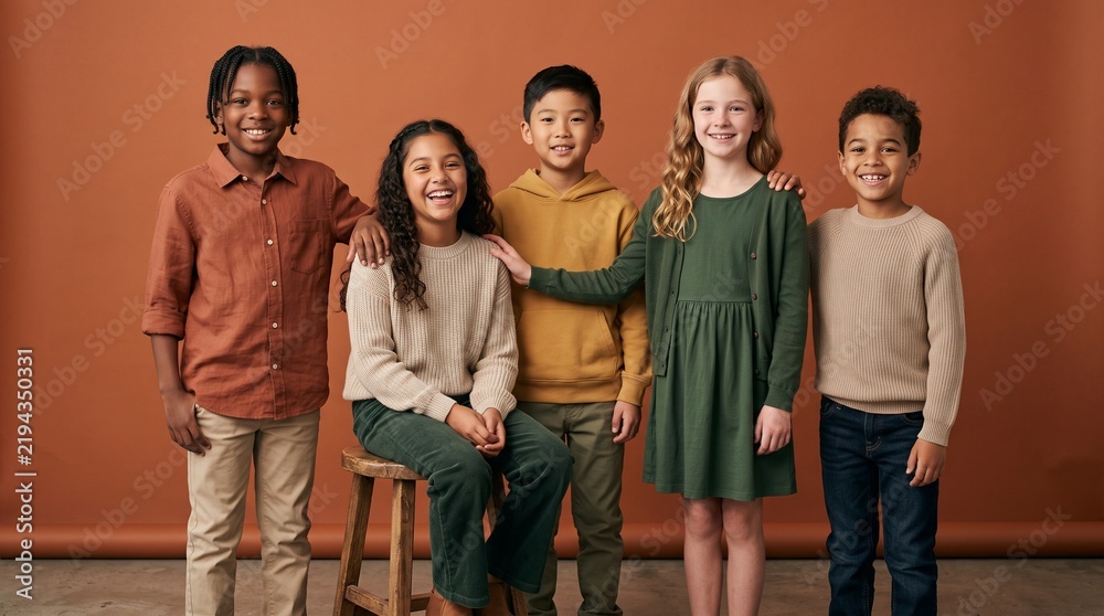 Fototapeta premium high-end studio group portrait of five diverse children aged 8–12 against a sophisticated terracotta seamless background, warm genuine expressions, premium editorial commercial photo