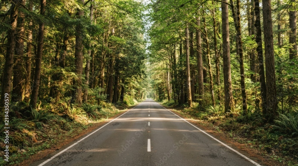 Obraz premium A serene, winding road through a dense forest, with a clear blue sky overhead and lush green trees on both sides.