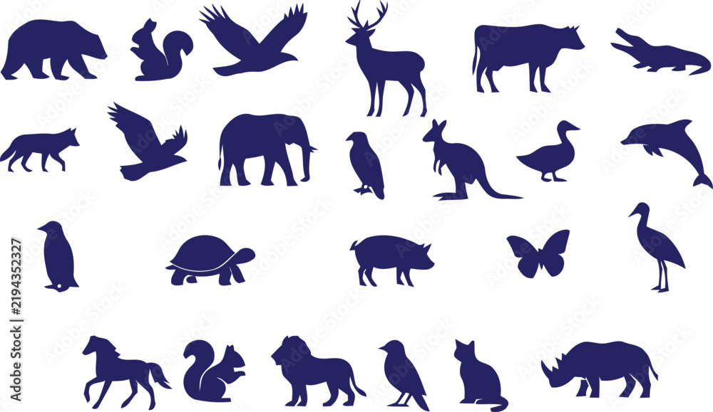 Fototapeta premium Collection of various wild animal silhouettes isolated on a white background for design projects