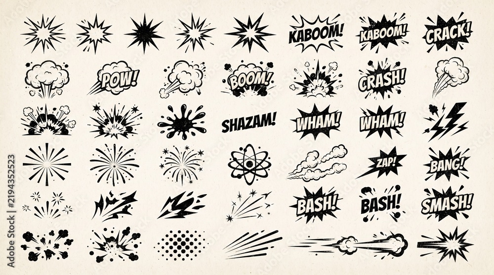Fototapeta premium Collection of dramatic black explosion and burst icons featuring starbursts, impact clouds, smoke, splashes, comic effects, and energetic shapes in bold vintage style.