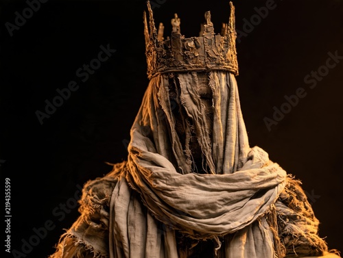 Ancient mummy king wearing a weathered crown and layered linen robes for a spooky halloween look