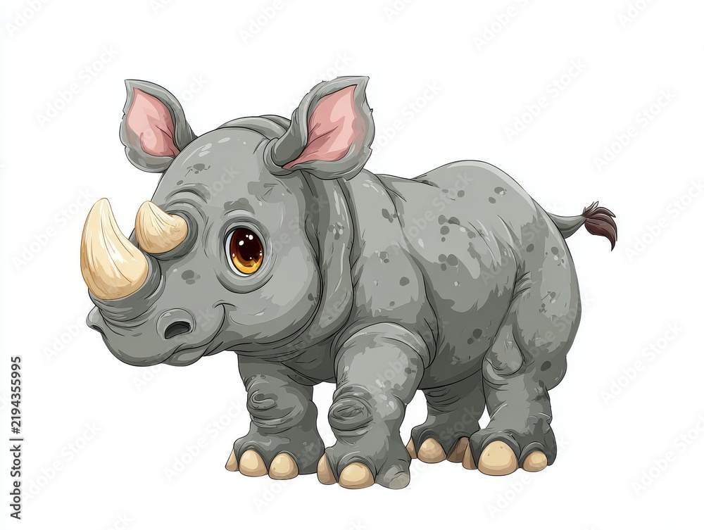 Fototapeta premium Cute Cartoon Baby Rhinoceros With Big Expressive Eyes Isolated On A Plain White Background