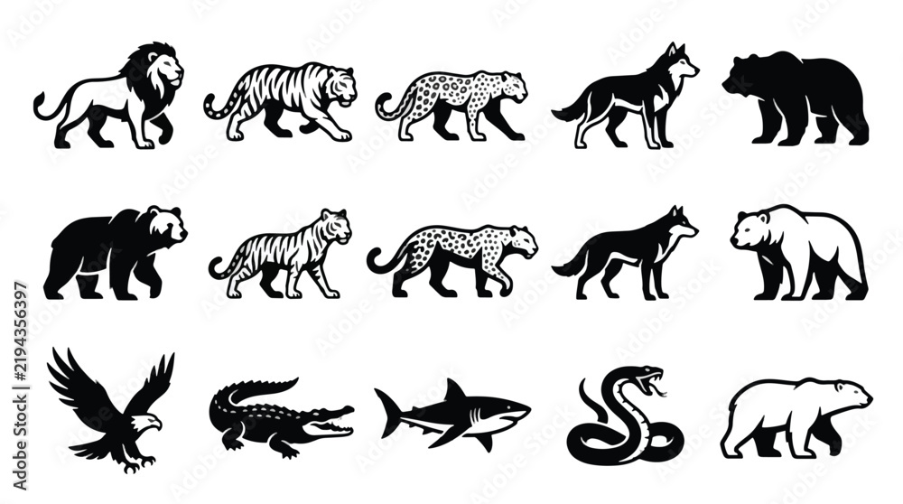 Obraz premium Collection of Wild Animal Silhouettes and Icons.