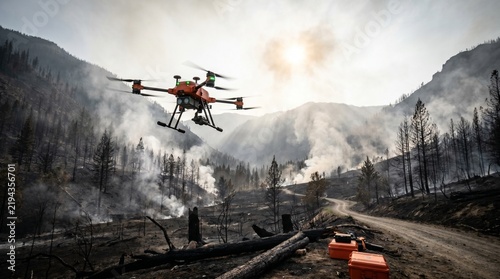 A high-tech drone flying over a burnt forest landscape after a wildfire to assess damage and aid relief efforts