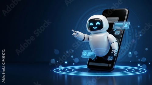 3D rendered AI chatbot robot emerging from a smartphone screen, pointing with glowing blue chat message icons, symbolizing digital customer support and smart technology.