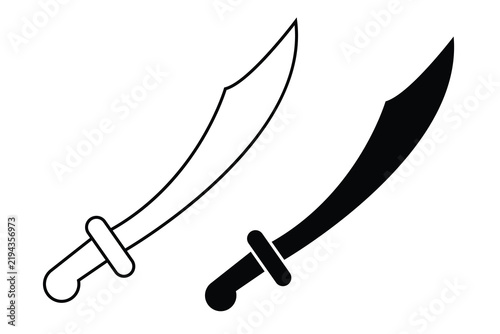 Konstfotografi Vector illustration showing two curved cutlass sword designs: a simple line art icon and a solid black silhouette