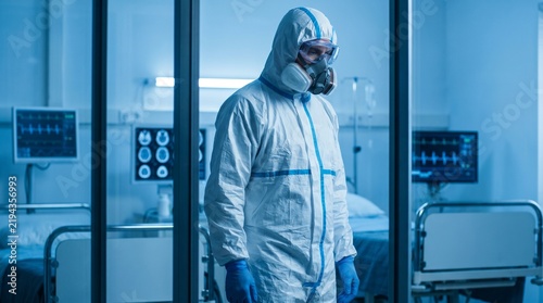 Medical professional in hazmat suit with respirator mask and goggles in sterile hospital ICU room with medical monitors.