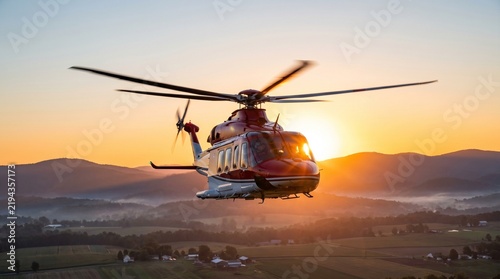 Helicopter Flying Against Golden Sunset Sky Over Misty Rural Mountain Landscape