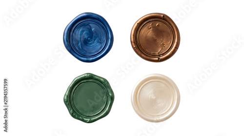Wax seal collection featuring blue, bronze, green and ivory circular seals with varied edges, borders and surface textures