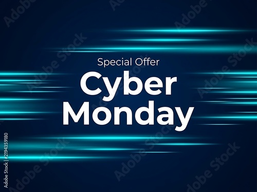 Cyber monday special offer sale banner with glowing blue light streaks on dark background