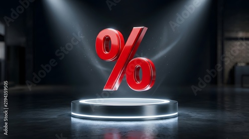 3D Red Percent Sign on Metal Platform with Studio Lighting for Discounts