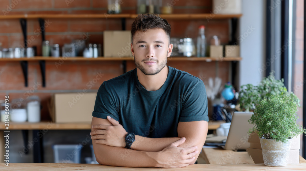 Fototapeta premium Young man entrepreneur casual confident smiling arms crossed indoor workspace