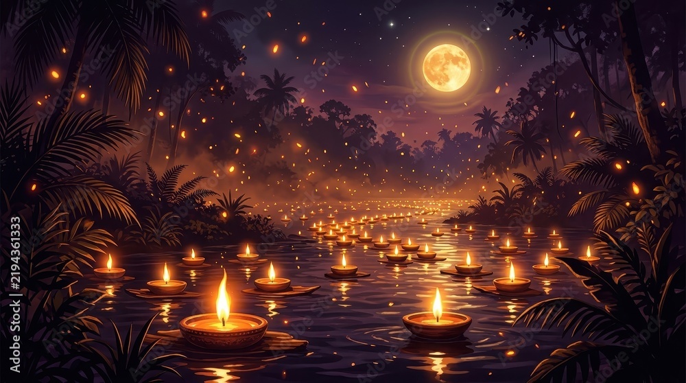Obraz premium Magical Night Scene with Glowing Candles Floating on Water in a Tropical Forest Under Full Moon