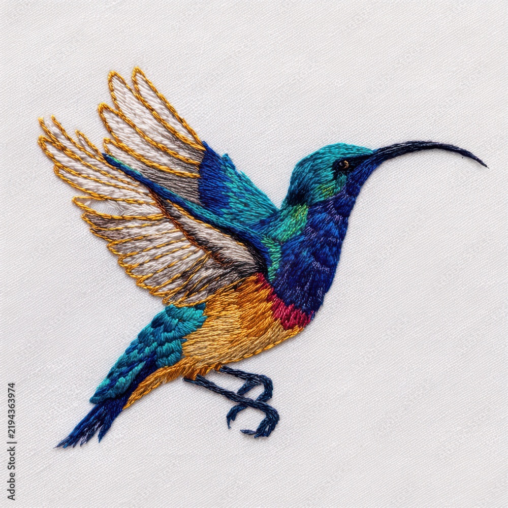 Obraz premium Embroidered Hummingbird Patch With Metallic Thread Detail On A Textured White Fabric Background