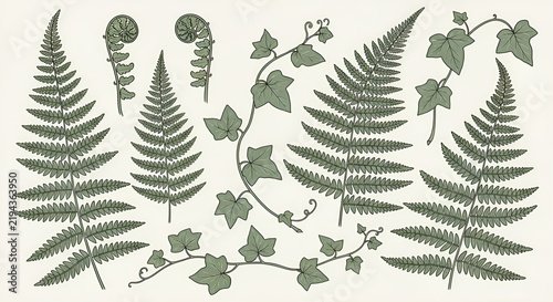 Hand drawn fern leaves and ivy vines botanical vector illustration set