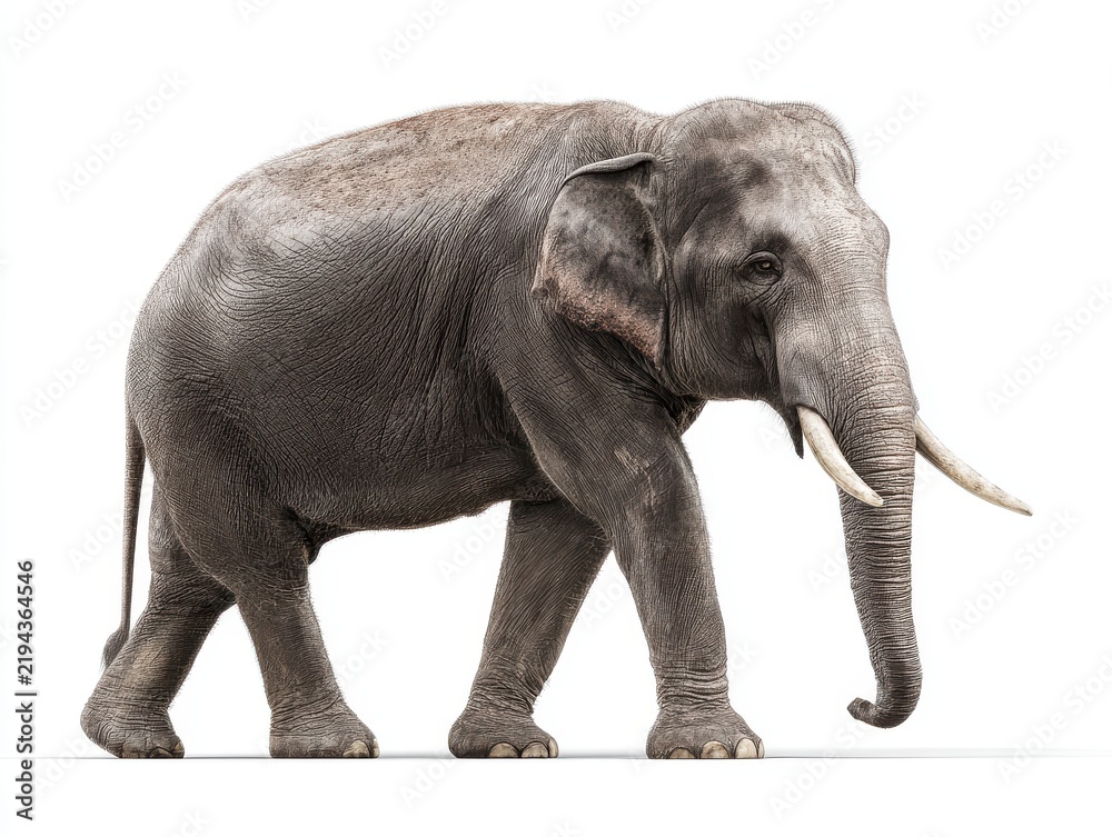 Fototapeta premium Full Body Side View Of A Large Majestic Elephant Walking Isolated On A Plain White Studio Background