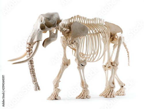 Full Elephant Skeleton Anatomy Specimen Displayed Isolated On A Plain White Studio Background