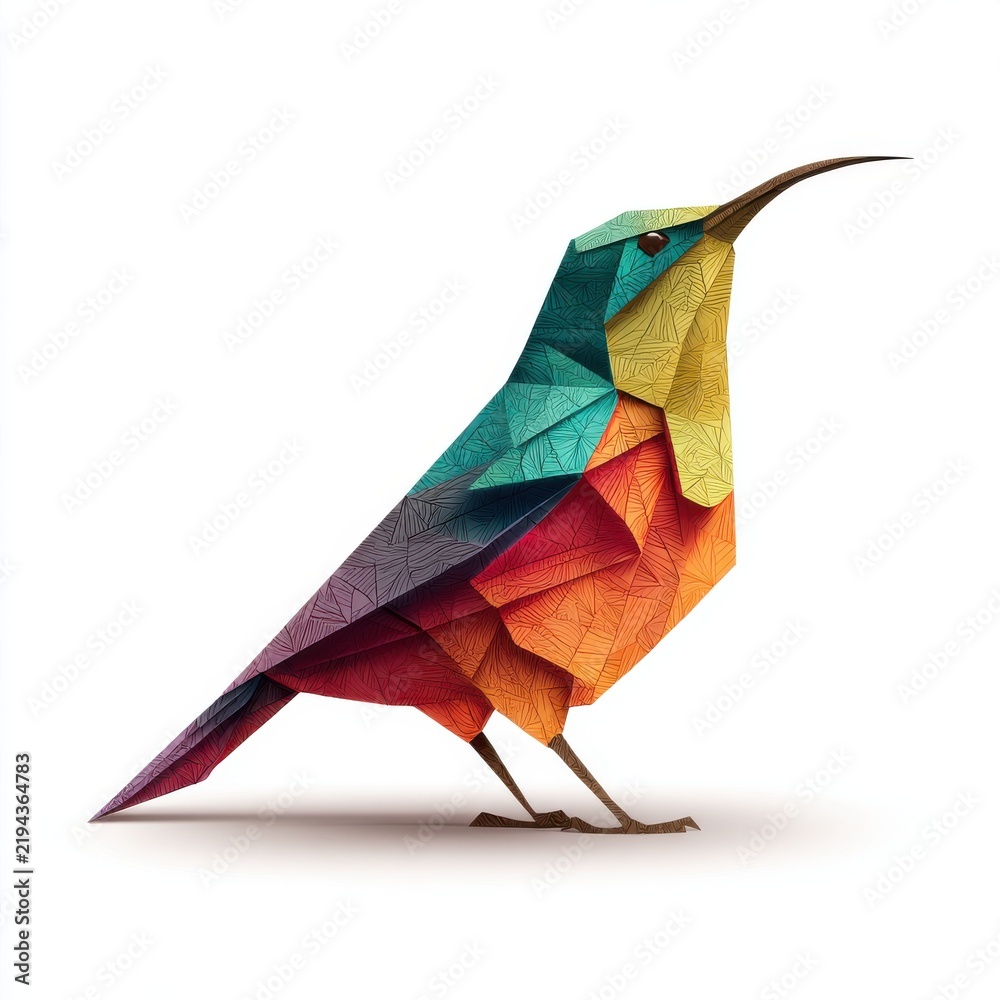 Fototapeta premium Geometric Paper Origami Hummingbird Design With Vibrant Multicolored Pattern Isolated On White Background