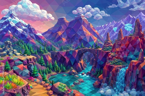 Low poly polygonal fantasy landscape purple mountains waterfall