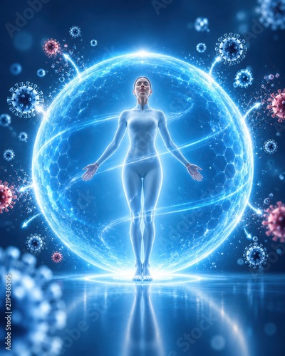 Confident woman standing inside a glowing spherical immune barrier that repels viruses and harmful pathogens. Futuristic healthcare concept for immunity, wellness, preventive medicine and biological p