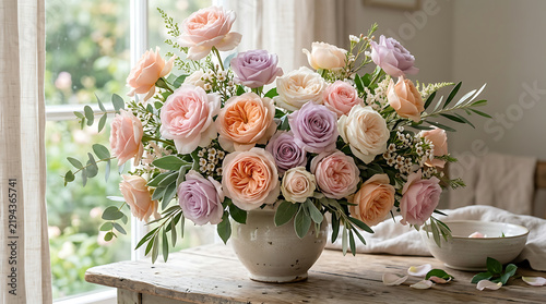 Rose flower bouquet on rustic wooden table.
