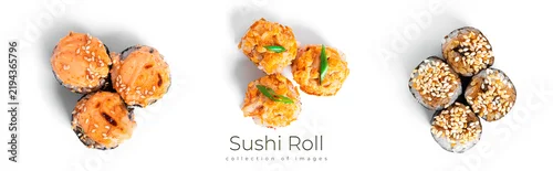 Obraz  z motywem Baked Sushi Rolls with seefood isolated on white background. Hosomaki.