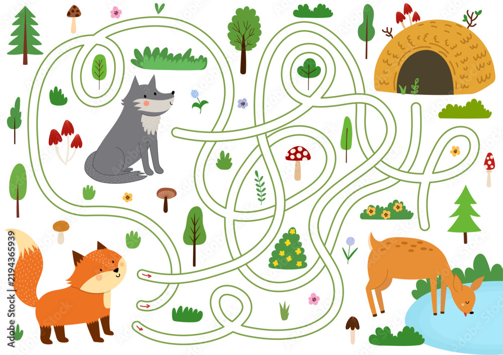 Fototapeta premium Woodland maze game for kids. Help the cute fox find the way home through the forest. Activity page with adorable character. Vector illustration