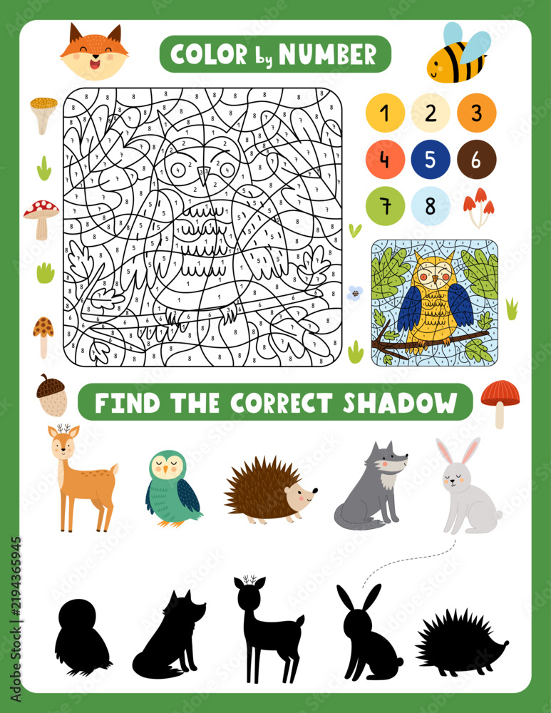 Fototapeta premium Cute woodland animals activity pages for kids. Printable activity sheet with forest characters mini games – color by number, find the shadow. Vector illustration.