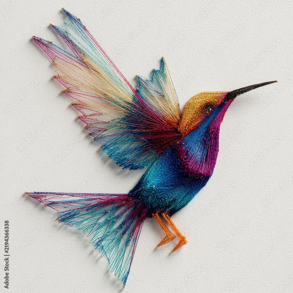 Fototapeta premium Hummingbird Created From Colorful Threads On Textured White Paper Background