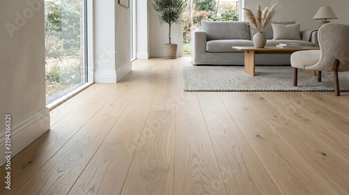 Natural light floods a modern minimalist living room featuring beautiful light oak hardwood flooring and elegant contemporary furniture pieces set in a bright spacious home interior