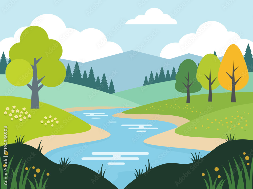 Obraz premium Flat Design Nature Landscape with Winding River Green Hills and Mountains Vector Illustration