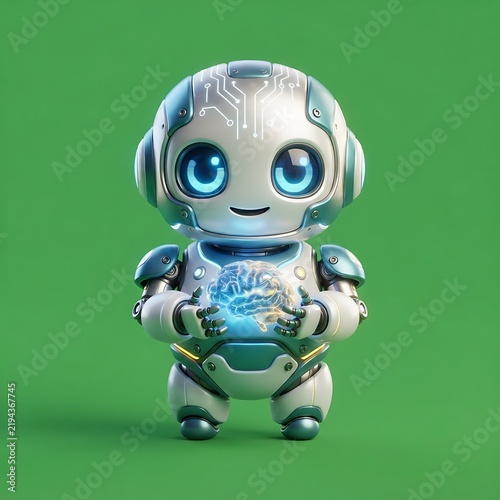 Cute Little Robot Holding a Glowing Brain Module on a Solid Green Background