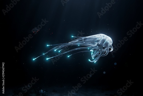 Close-Up of Glowing Bioluminescent Deep-Sea Creature in Dark Abyss