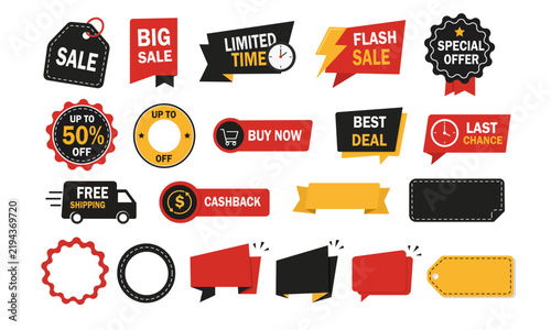 Sale badges and promotional labels set with discount tags, special offer, flash sale, limited time, free shipping, cashback and shopping buttons. Flat vector elements for retail advertising.