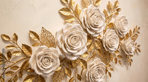 White roses and metallic gold leaf wall sculpture on textured background