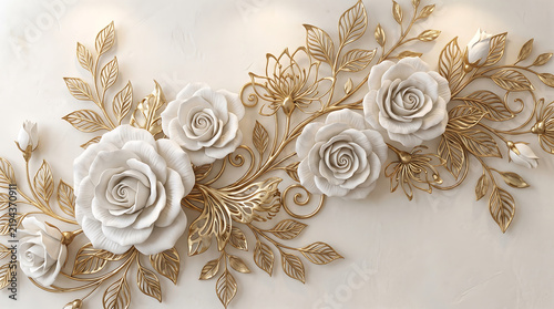Intricate white floral sculpture with metallic gold foliage on wall