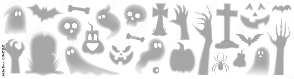 Obraz premium Scary shadows for Halloween decoration. Vector zombie hand, tombstone, cross, pumpkins, ghosts, spider, bats, bones for crepey design, branding, holiday event. Set of Halloween transparent silhouettes