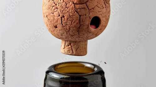 Champagne cork character pops out of glass bottle in slow motion