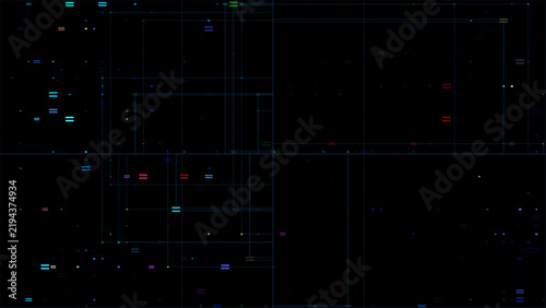 Futuristic dark digital background featuring thin geometric grid lines, glowing neon accents, scattered interface elements, and subtle glitch details on a black background