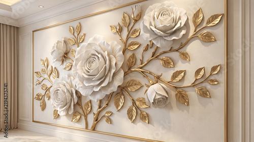 Luxurious white and gold rose wall panel in opulent interior setting