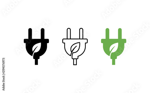 Green energy plug icons with leaf detail, eco friendly power socket symbols, clean electricity concept graphics on white background